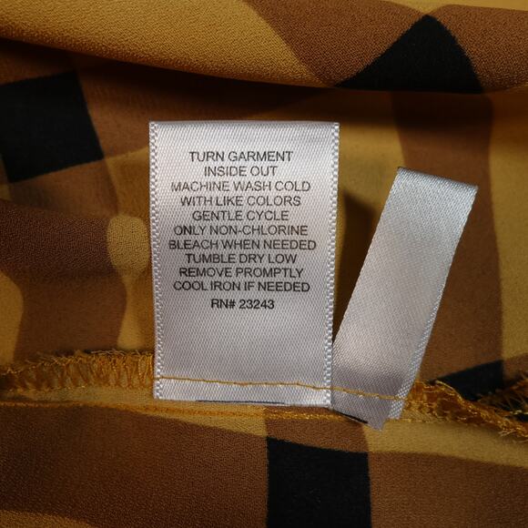 7th Ave New York & Company Blouse Yellow & Brown Plaid Tie-V-Neck 3/4 Sleeve M - Picture 5 of 11